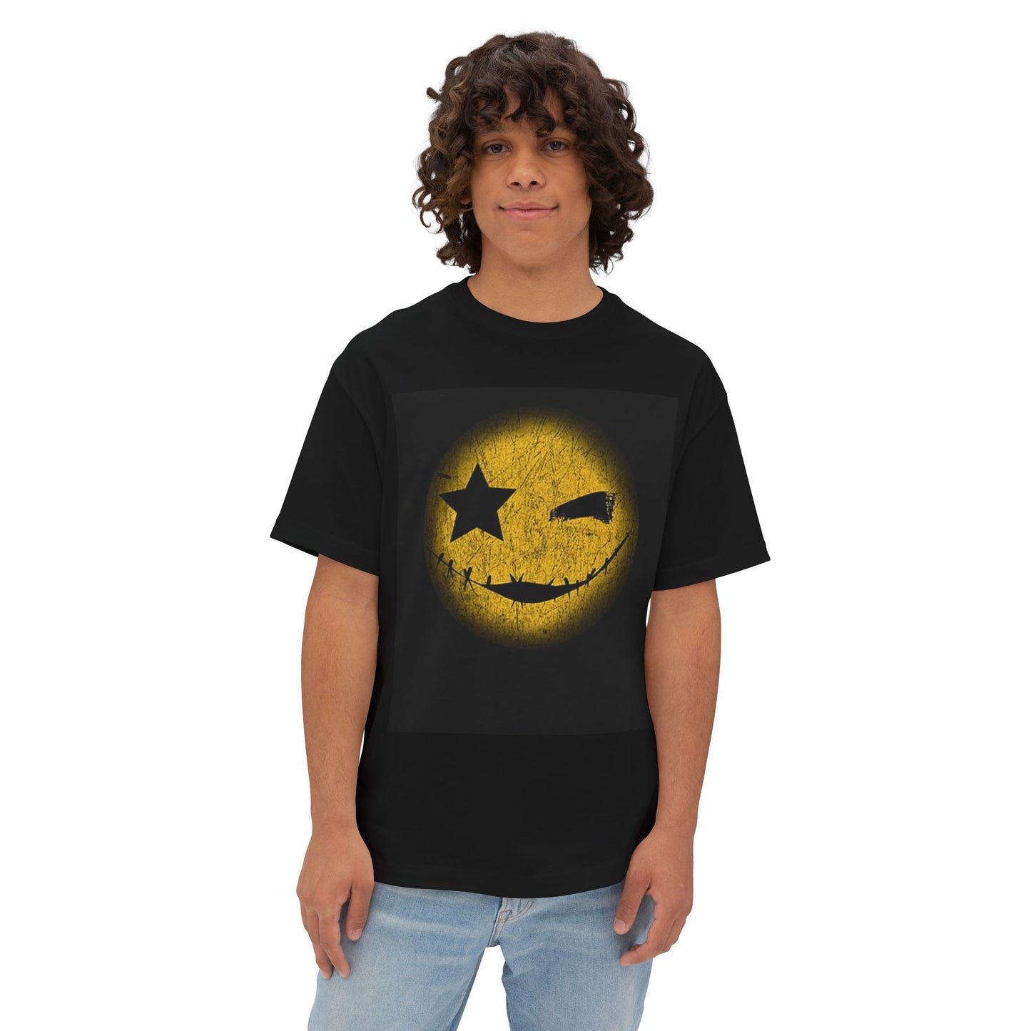 Unisex Oversized Emoji Tee - Vintage Yellow Smiley Face