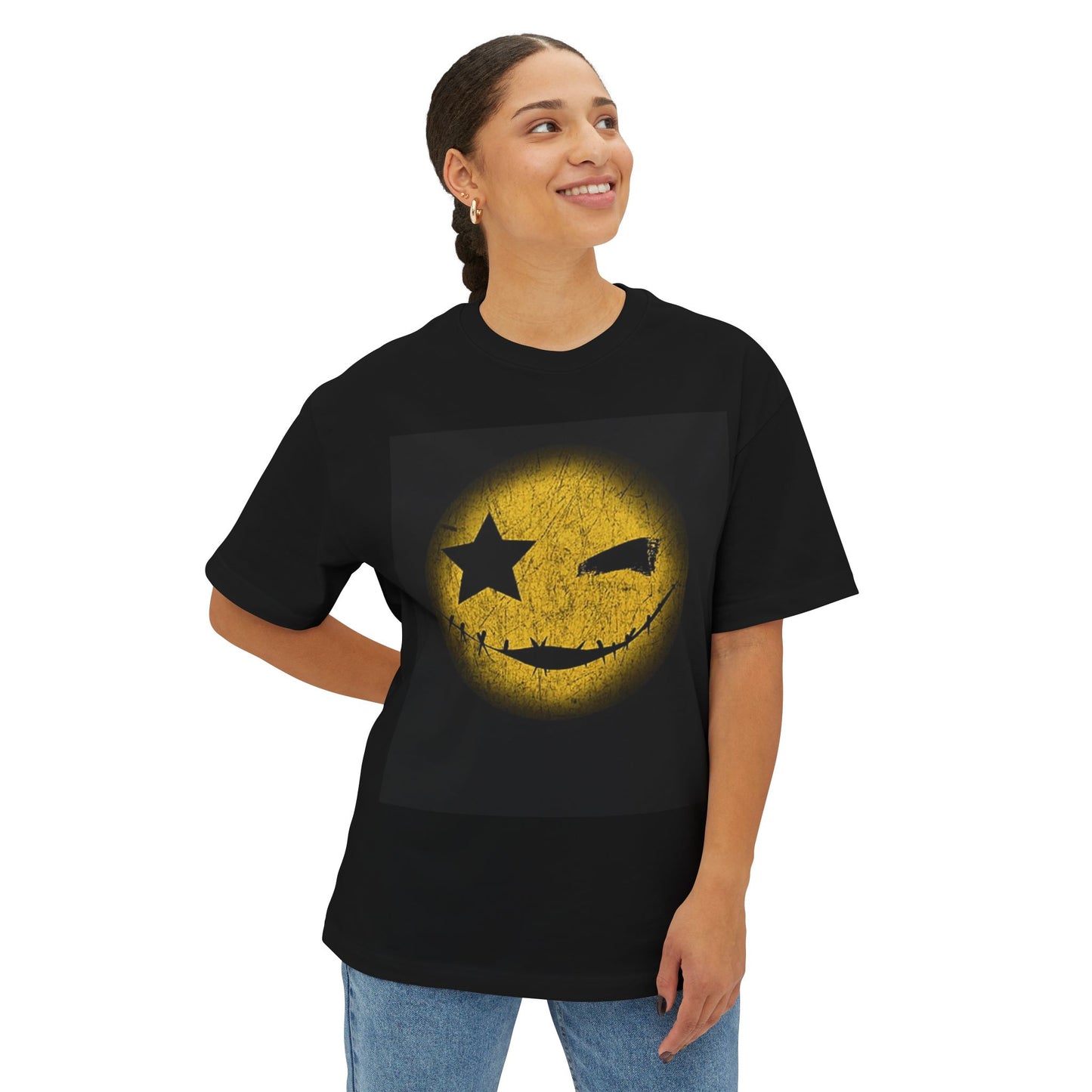 Unisex Oversized Emoji Tee - Vintage Yellow Smiley Face